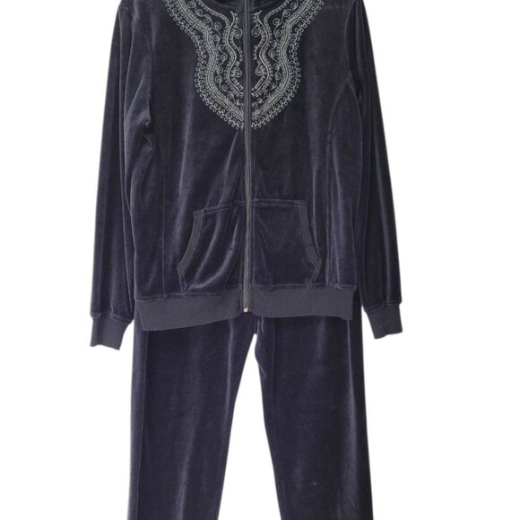 Cappagallo Pants - Vintage Velour Tracksuit Womens L Embellished Bling Full Zip 2pc Set Black
